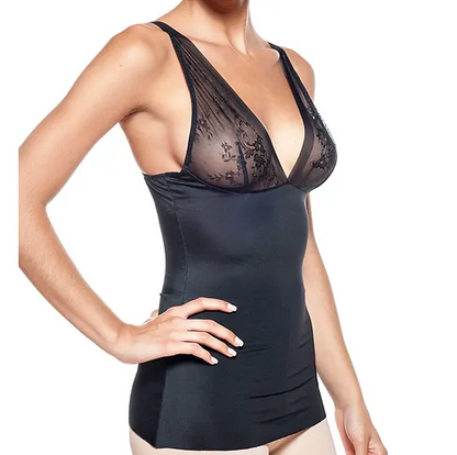 Body Beautiful Damen Glattes und Seidiges Schlankheits-Top mit Sexy Spitze Schwarz 