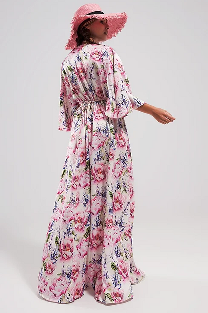 Maxikleid mit Flatterärmeln und rosa Blumenmuster